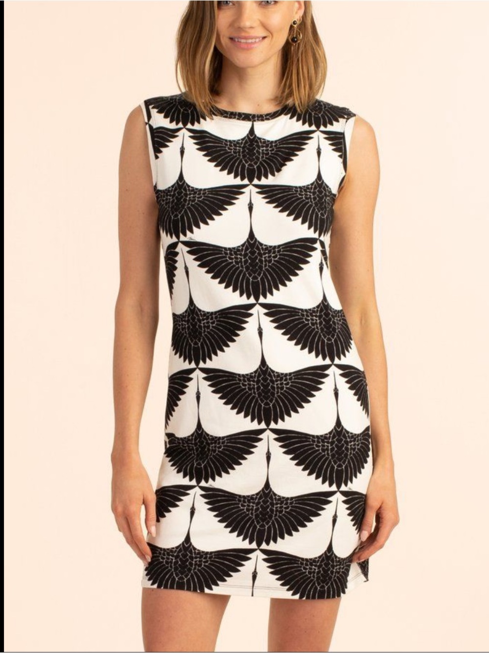 Trina Turk Black and White Crane-Pattern Cap Sleeve Sheath Dress Zinnia Crane S